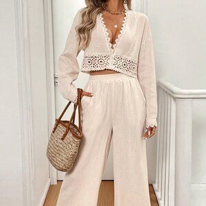 Apricot Casual Women's Fall Lace Splice Long Sleeve Cardigan And Pants